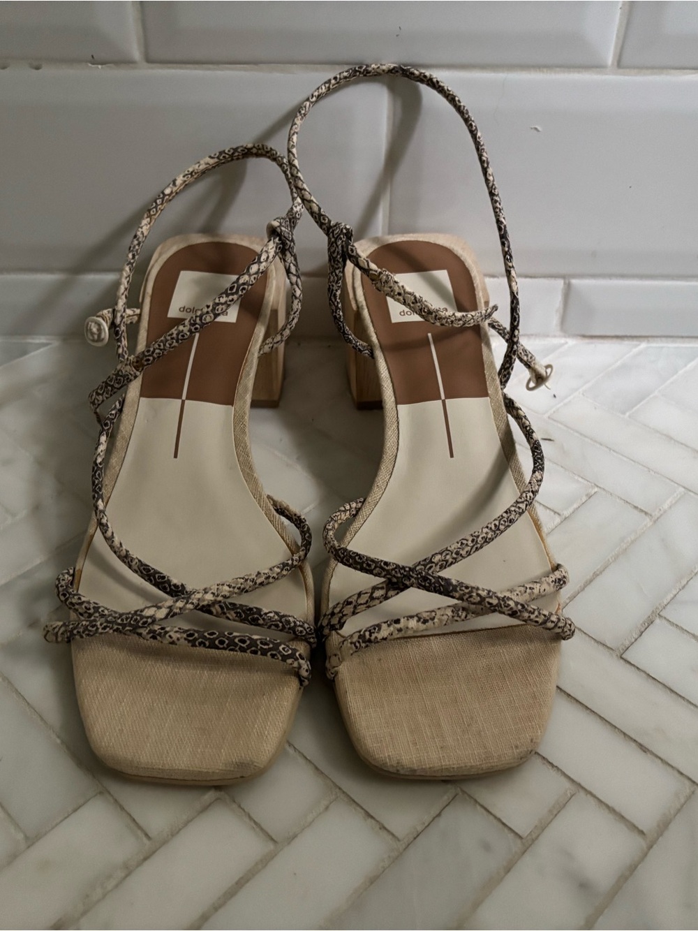 Dolce Vita Snake-Print Strappy Block Heel Sandals in Beige